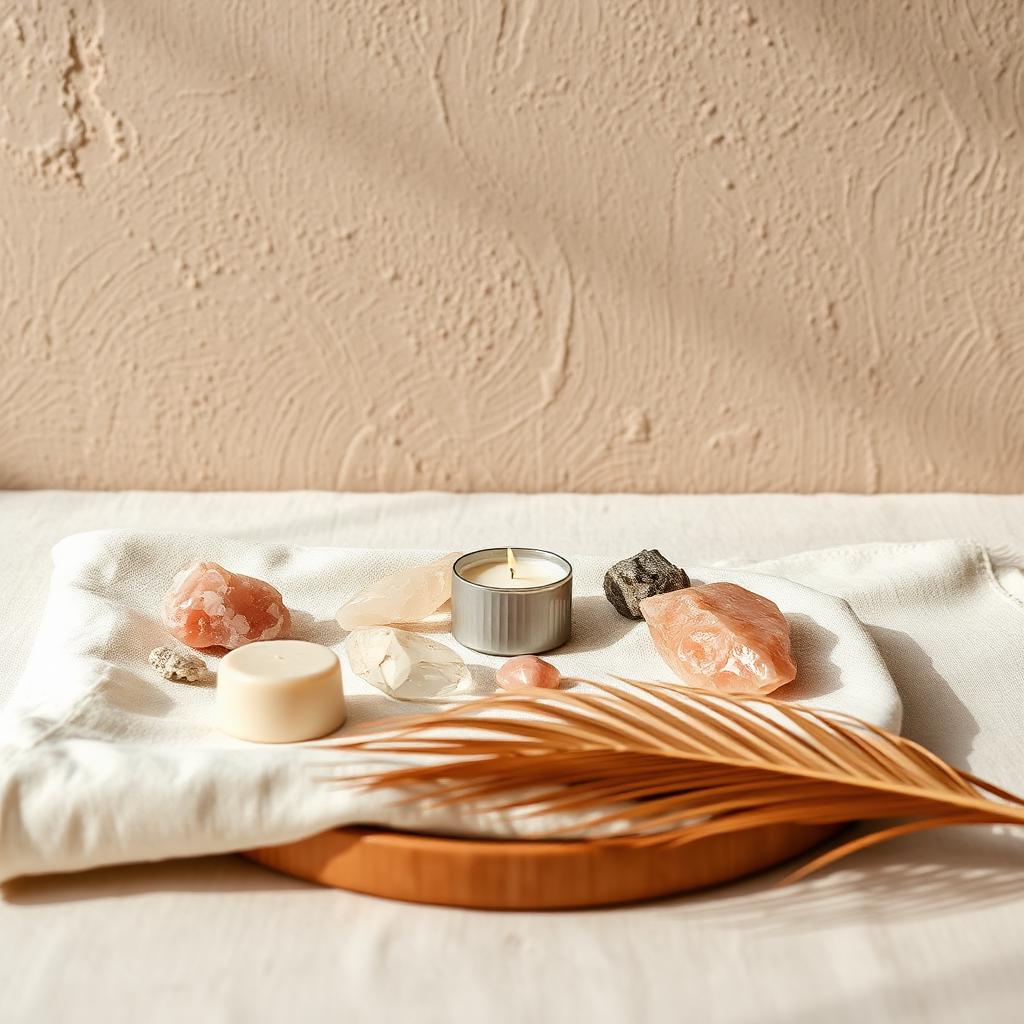 Rose quartz, crystals, and a beeswax candle on cream linen