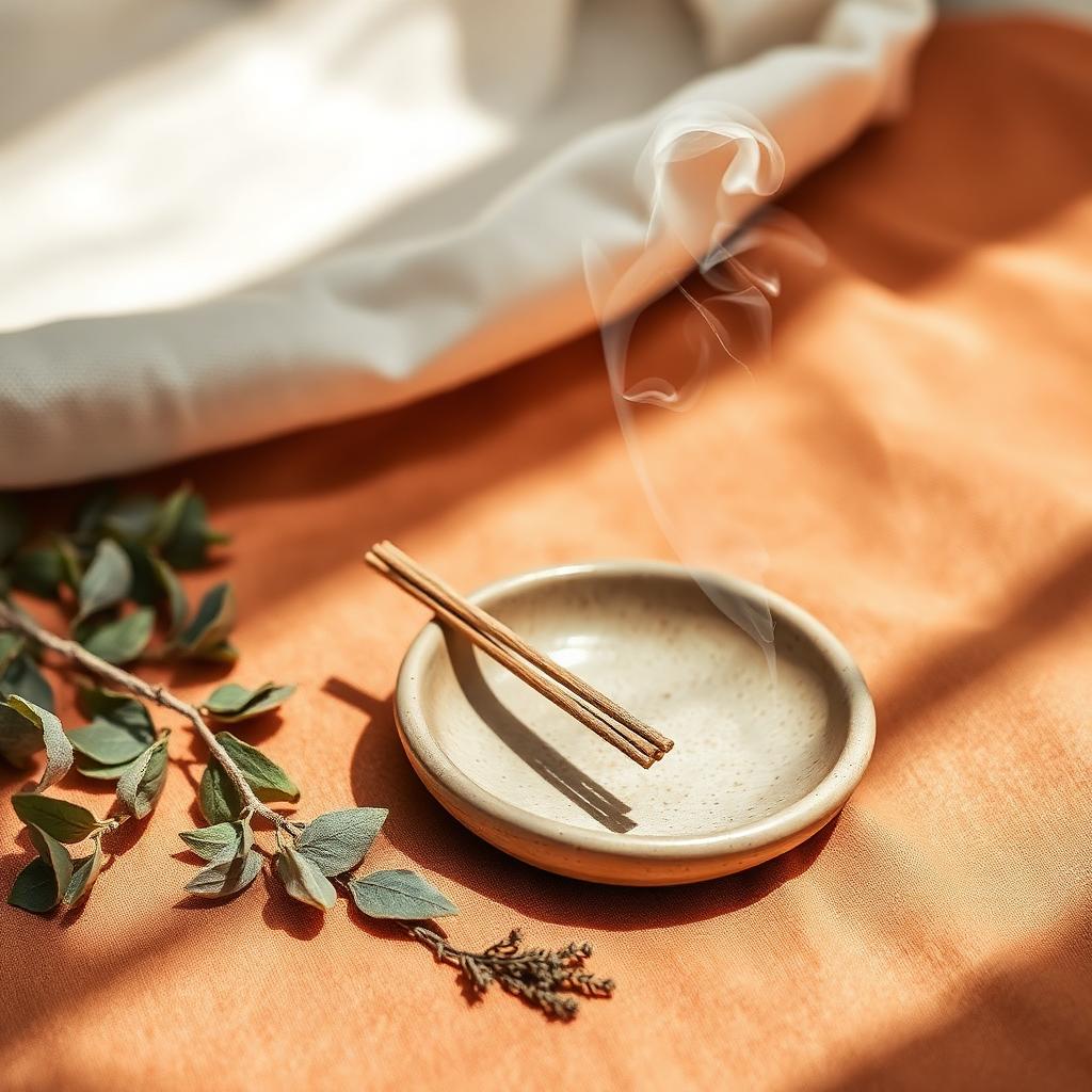 Palo santo and incense with soft smoke on a handmade ceramic dish